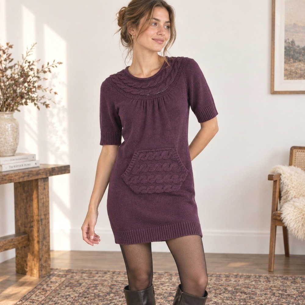Y2K Cable Knit Sweater Mini Dress XS Cottage Twee Academia Schoolgirl Fall